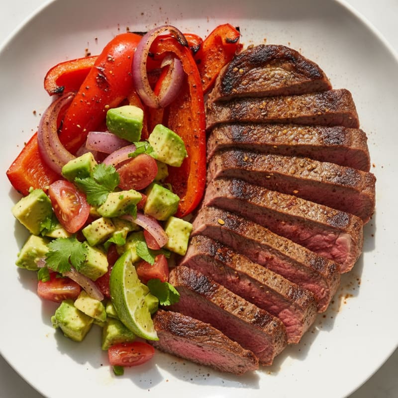 Seared Steak with Roasted Peppers and Avocado Salsa