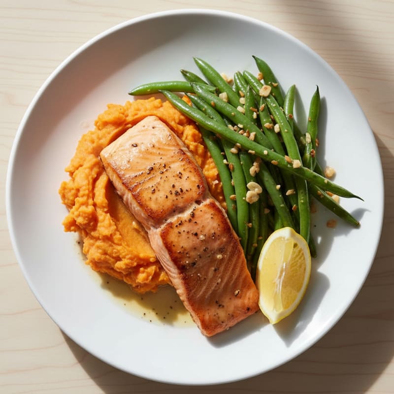 Seared Salmon with Garlic Green Beans and Mashed Sweet Potato