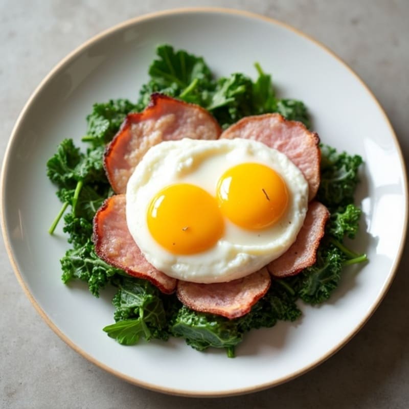 Poached Eggs with Lean Ham, Sautéed Greens, and Creamy Lemon Sauce