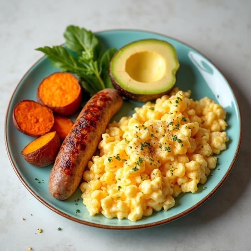 Egg White and Turkey Sausage Scramble with Roasted Sweet Potatoes