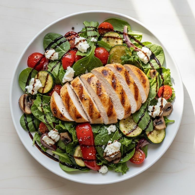Goat Cheese and Roasted Vegetable Salad with Grilled Chicken