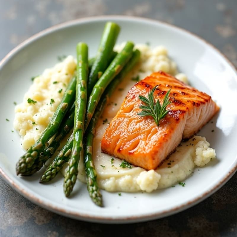 Seared Salmon Fillet with Steamed Asparagus and Cauliflower Mash
