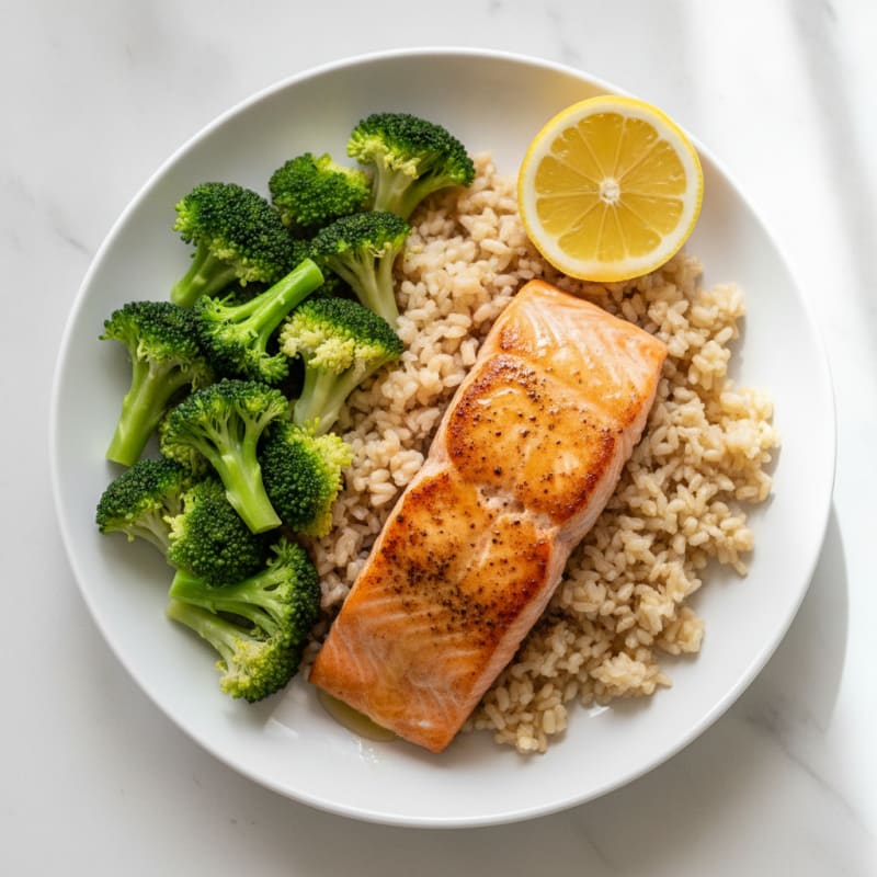 Seared Salmon with Steamed Broccoli and Brown Rice