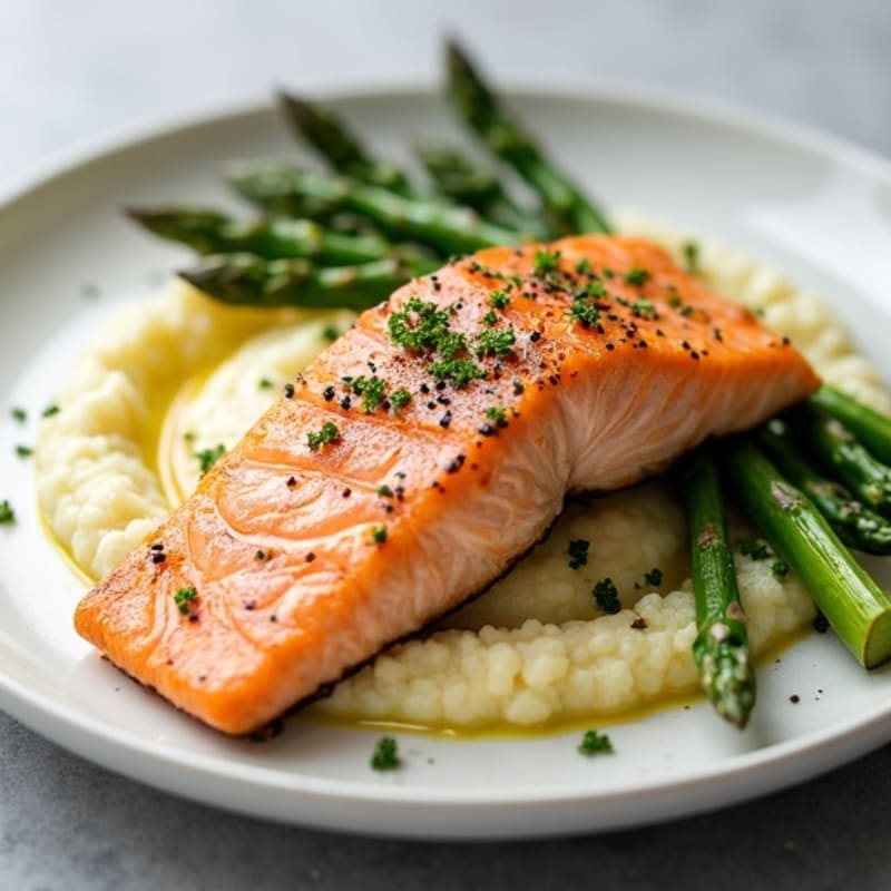 Seared Salmon Fillet with Roasted Asparagus and Cauliflower Mash