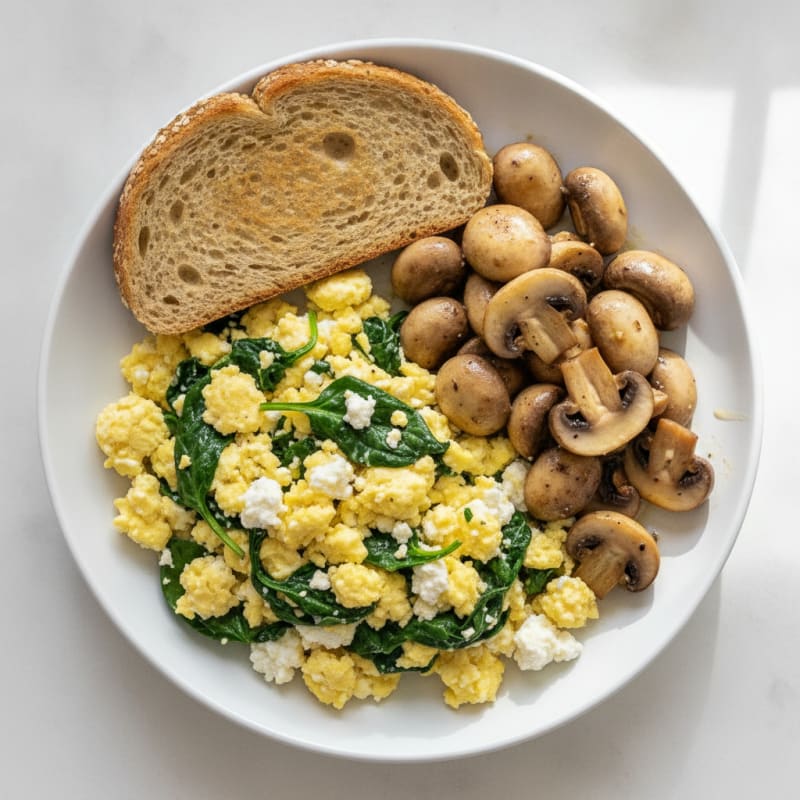 Cottage Cheese Scramble with Spinach and Sautéed Mushrooms