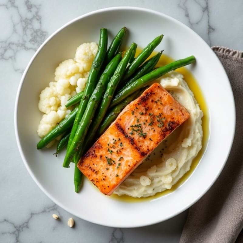 Seared Salmon with Garlic Green Beans and Cauliflower Mash