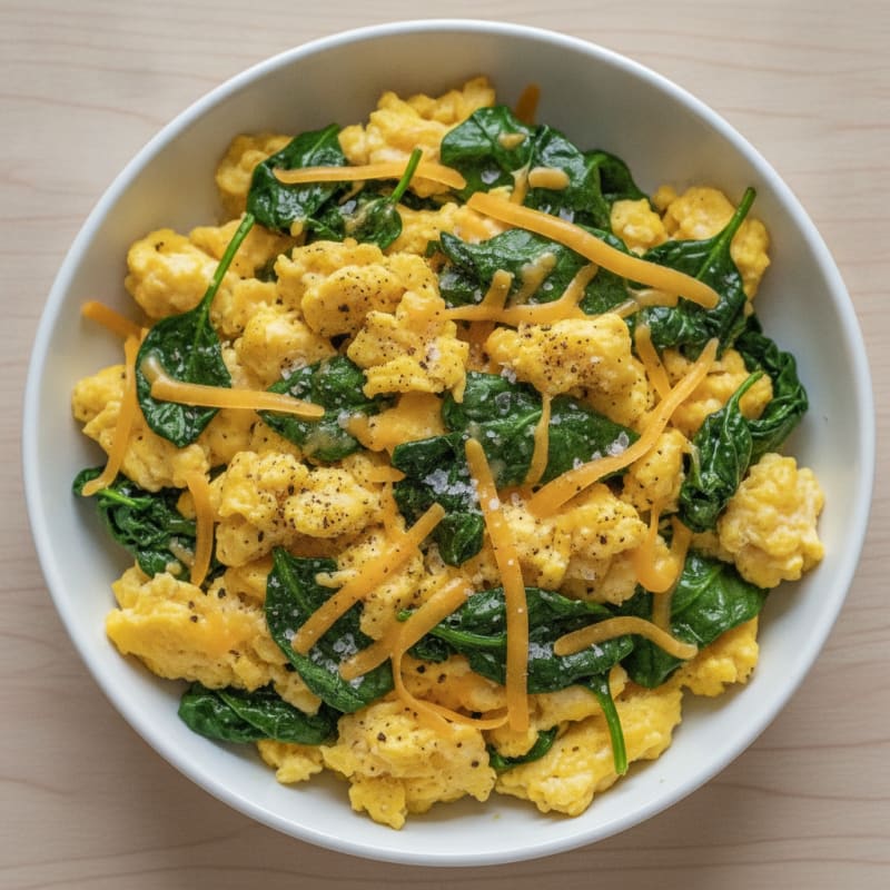 Scrambled Eggs with Sautéed Spinach and Shredded Cheese