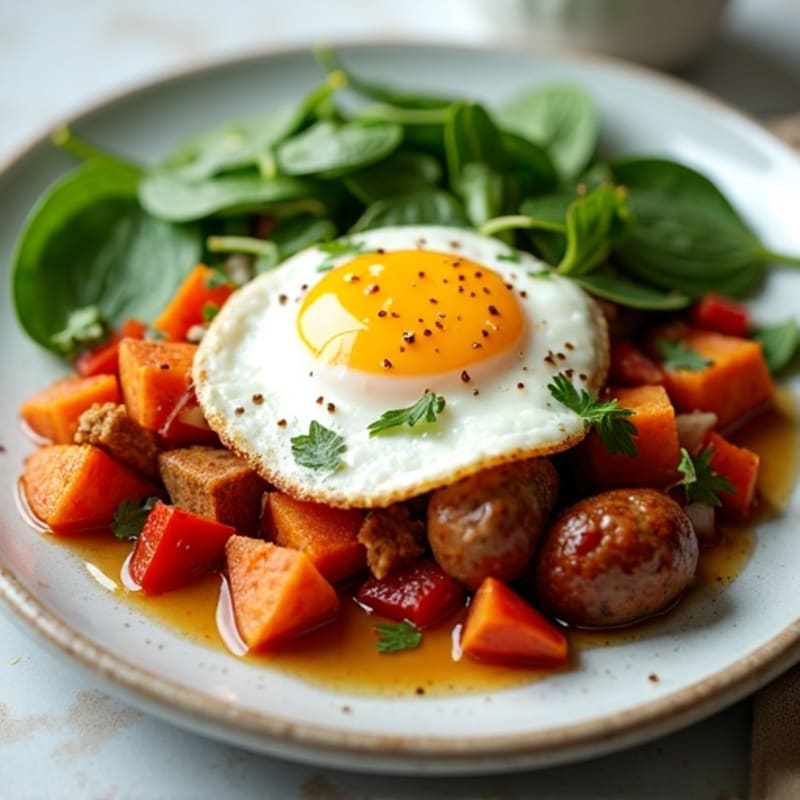 Crispy Sweet Potato Hash with Fried Eggs and Fresh Spinach