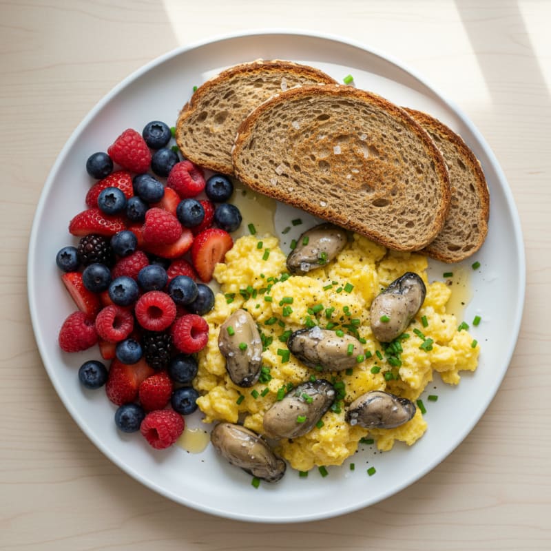 Smoked Oyster Scramble with Rye Toast
