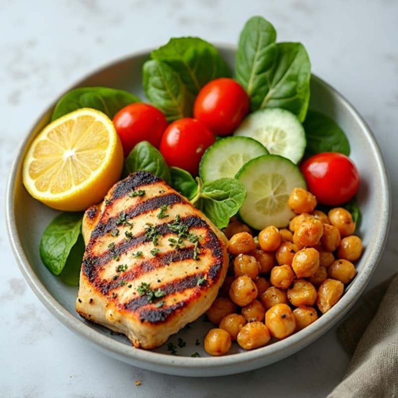 Grilled Lemon Herb Chicken with Crispy Chickpeas and Fresh Vegetable Salad