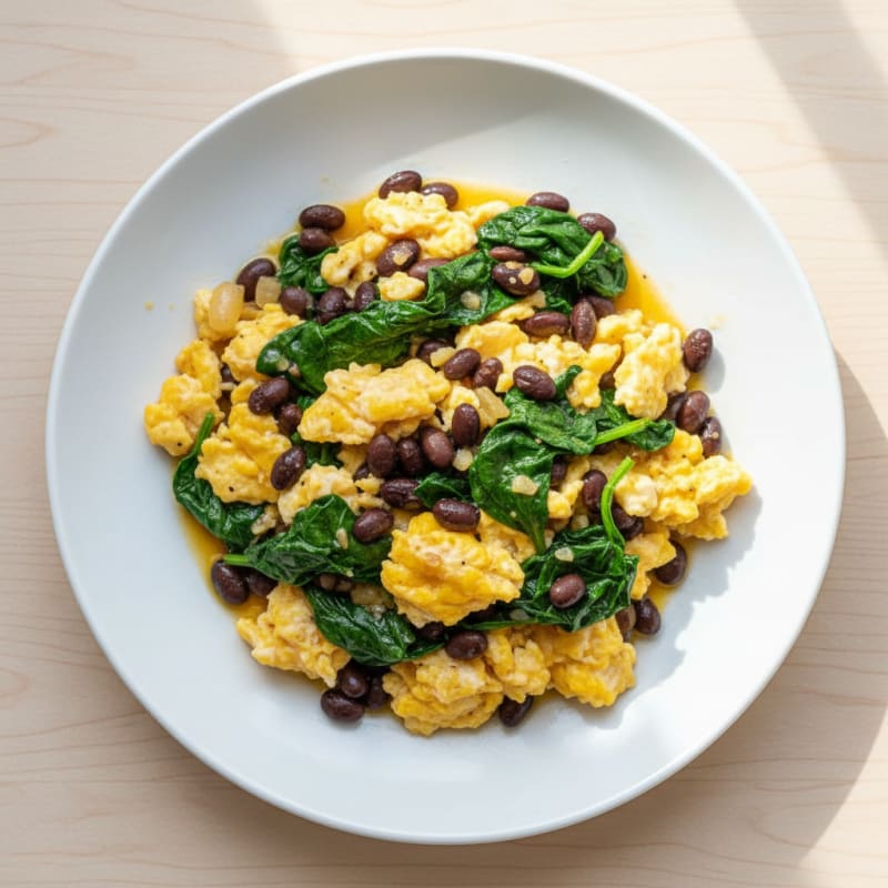 Scrambled Eggs with Black Beans and Sautéed Spinach