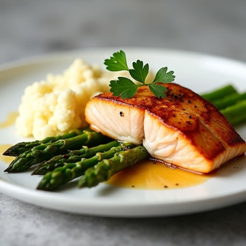 Seared Salmon with Steamed Asparagus and Cauliflower Mash