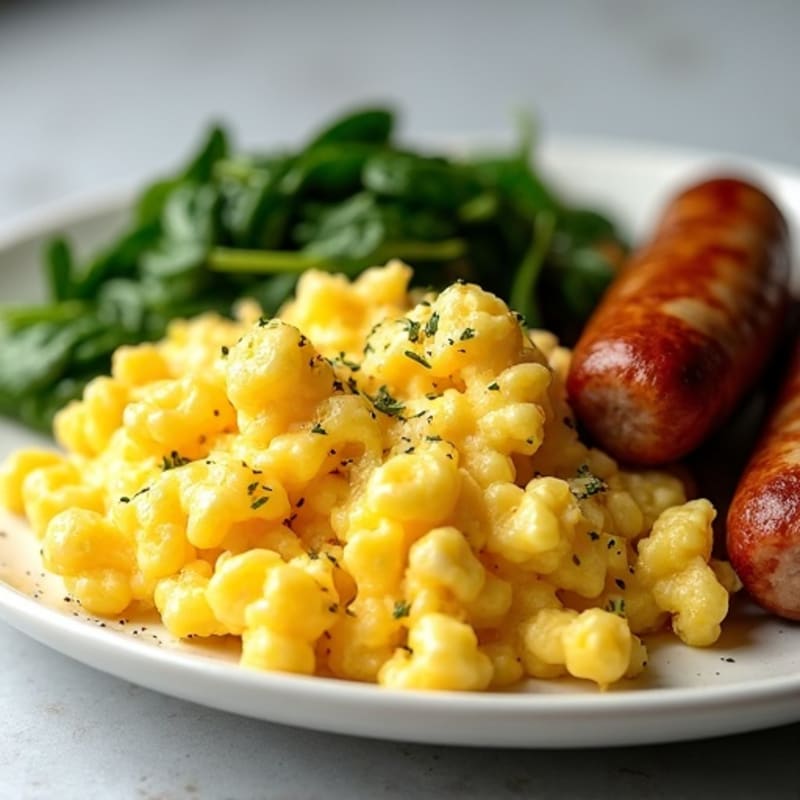 Fluffy Egg Scramble with Lean Turkey Sausage and Sautéed Greens