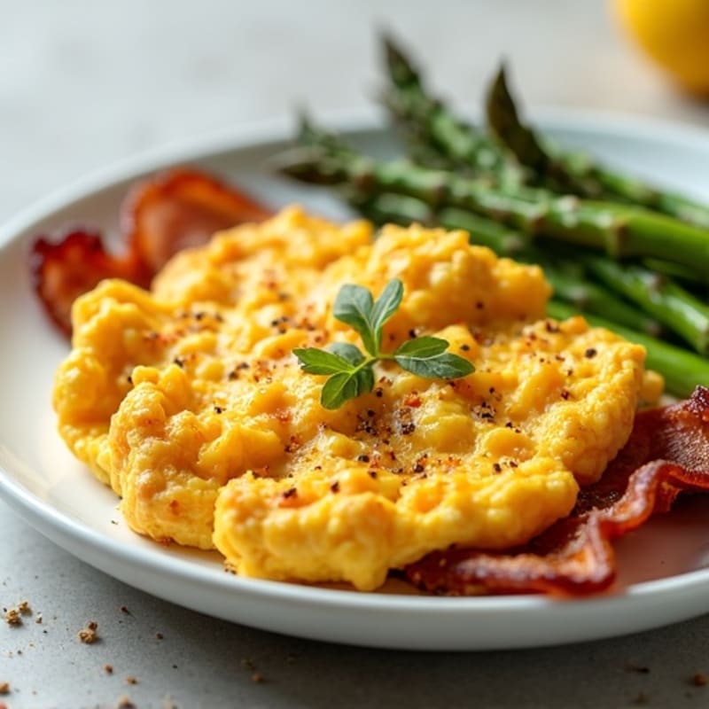 Fluffy Scrambled Eggs with Crispy Turkey Bacon and Roasted Asparagus