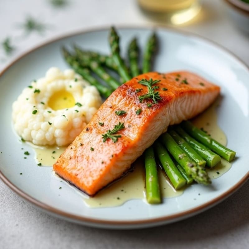 Seared Salmon with Steamed Asparagus and Cauliflower Mash