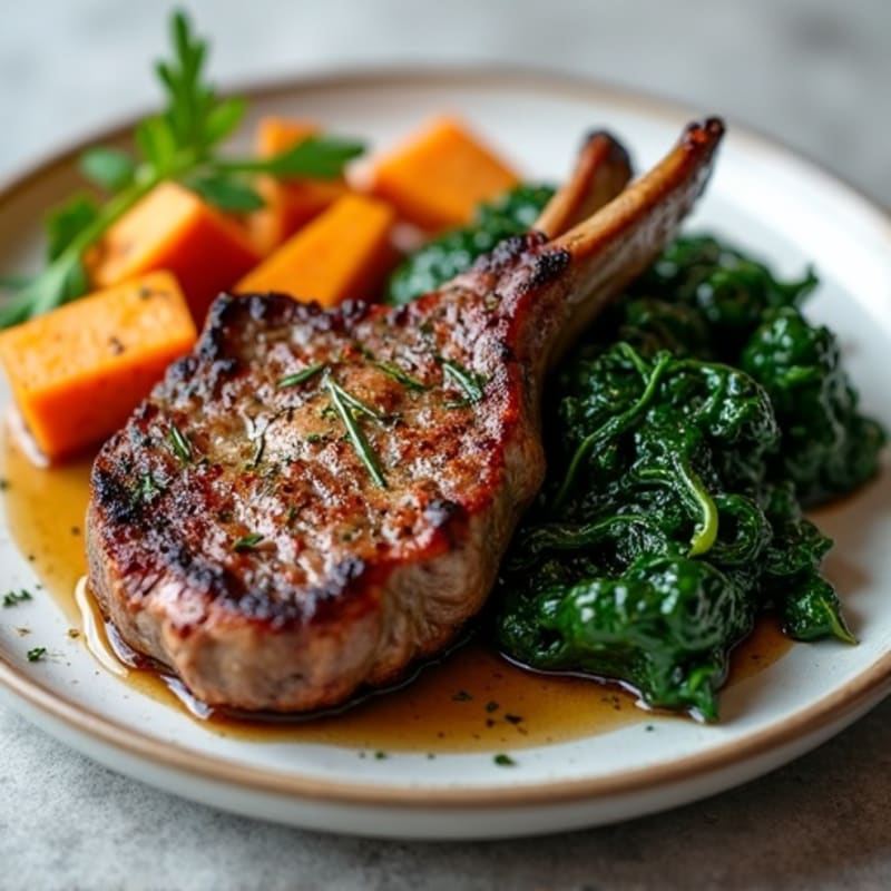 Herb-Seared Lamb Chops with Garlic Sautéed Spinach and Roasted Sweet Potatoes