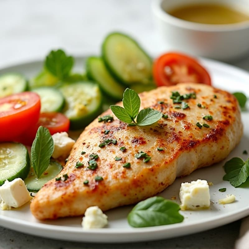 Pan-Seared Lemon Garlic Chicken with Fresh Cucumber, Tomato, and Feta Salad