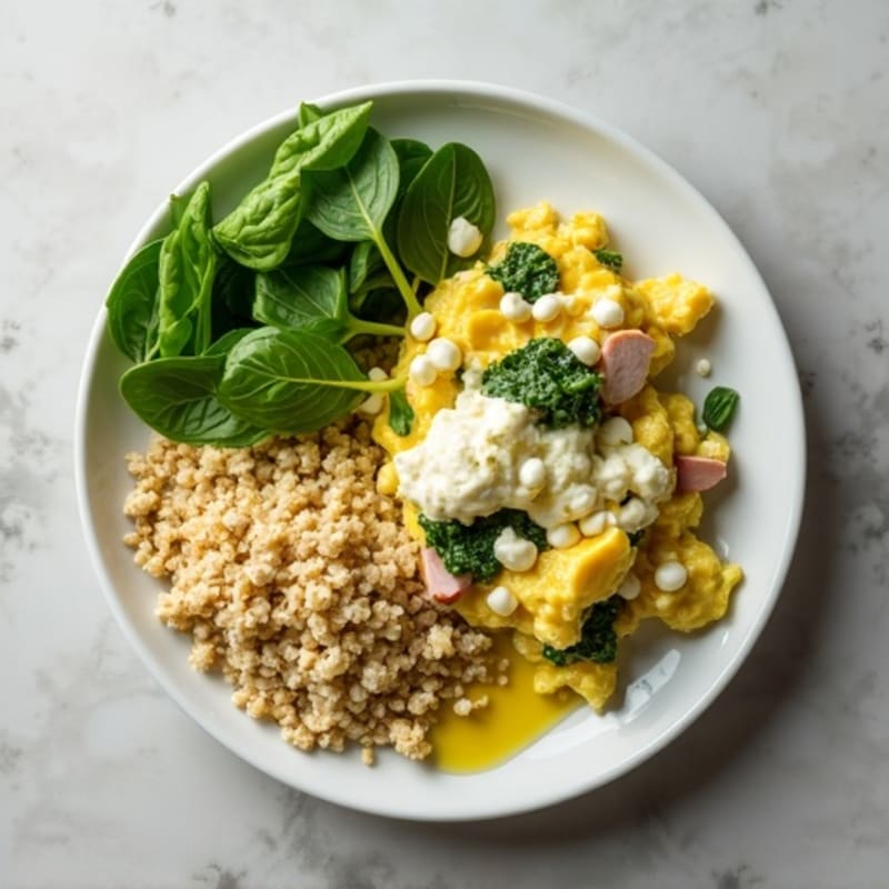 Egg White and Spinach Scramble with Cottage Cheese and Sliced Turkey