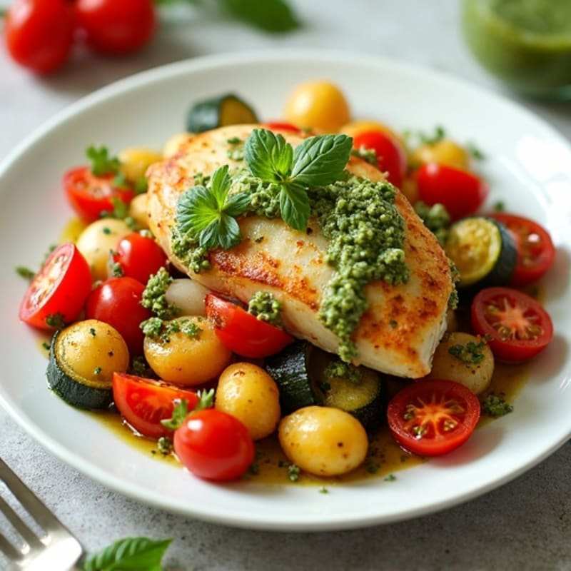 Sheet Pan Crispy Gnocchi with Roasted Vegetables and Creamy Pesto