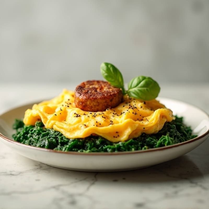 Scrambled Eggs with Turkey Sausage and Sautéed Spinach