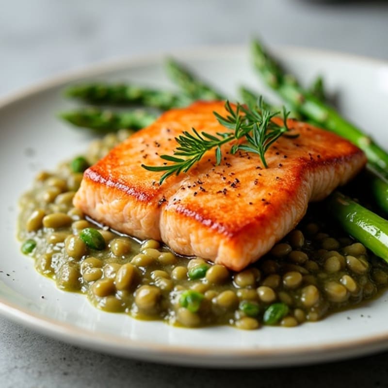 Seared Salmon with Steamed Asparagus and Lentil Mash