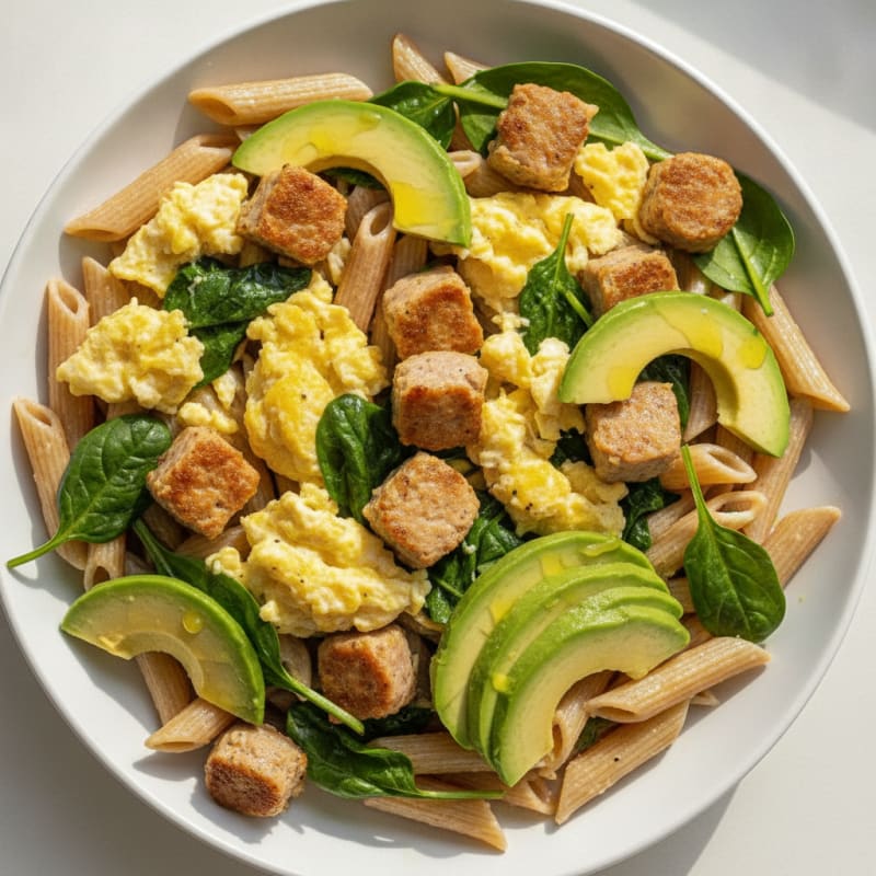 Scrambled Eggs with Sautéed Spinach and Chicken Sausage