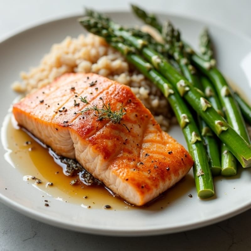 Seared Salmon with Steamed Asparagus and Brown Rice