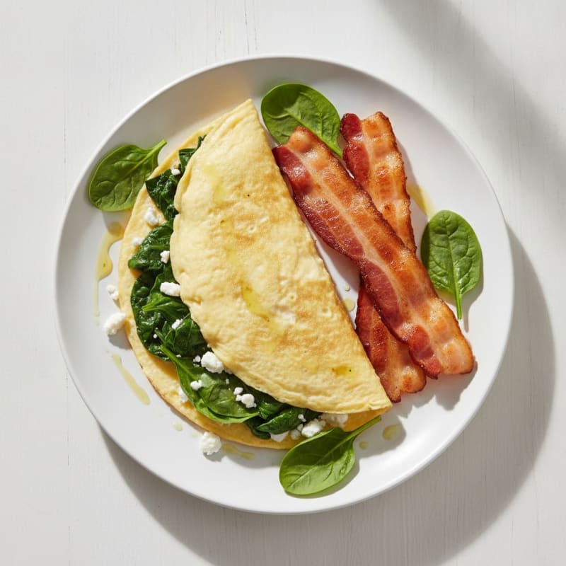 Egg White Spinach Omelette with Grilled Turkey Bacon