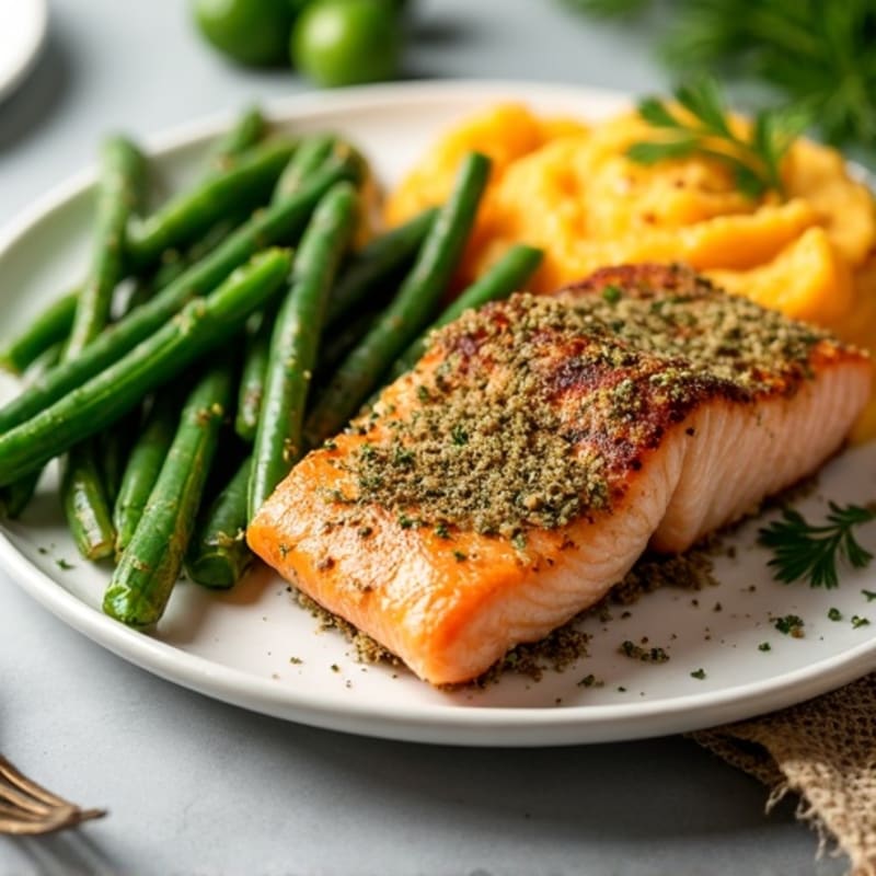 Herb-Crusted Baked Salmon with Garlic Green Beans and Mashed Sweet Potatoes