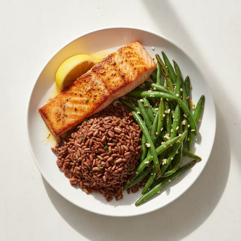 Seared Salmon with Garlic Green Beans and Brown Rice