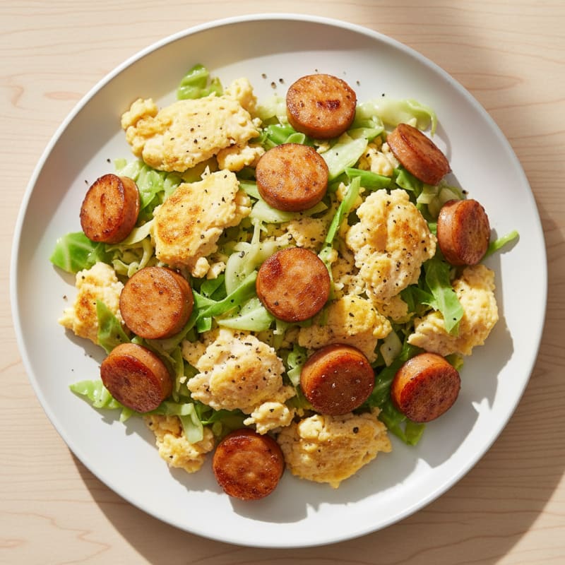 Scrambled Eggs with Chicken Sausage and Sautéed Cabbage
