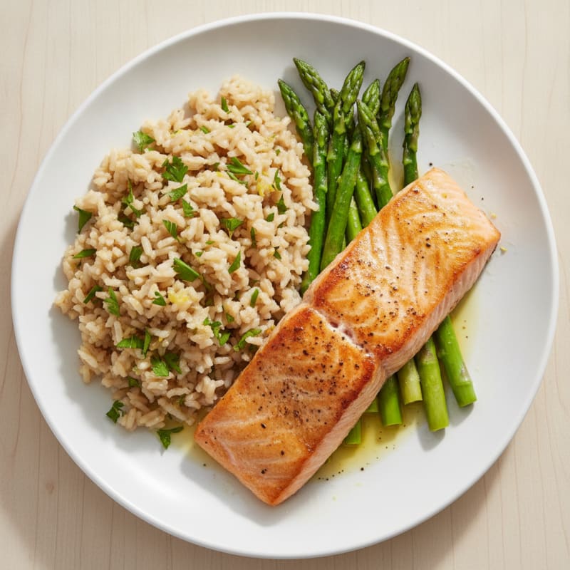 Seared Salmon with Steamed Asparagus and Herbed Brown Rice