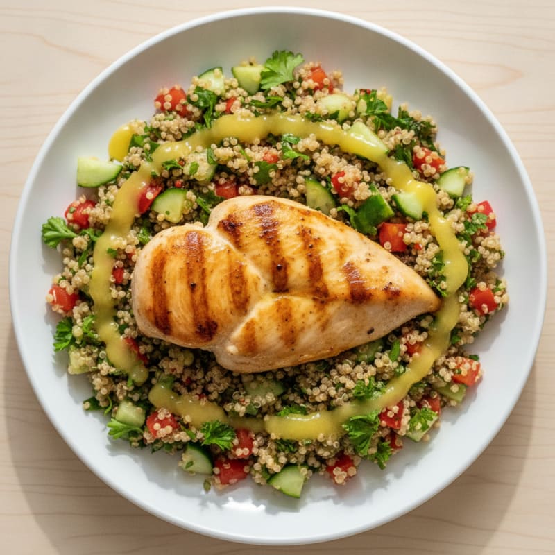 Grilled Chicken Breast with Crunchy Quinoa Salad and Lemon Dressing