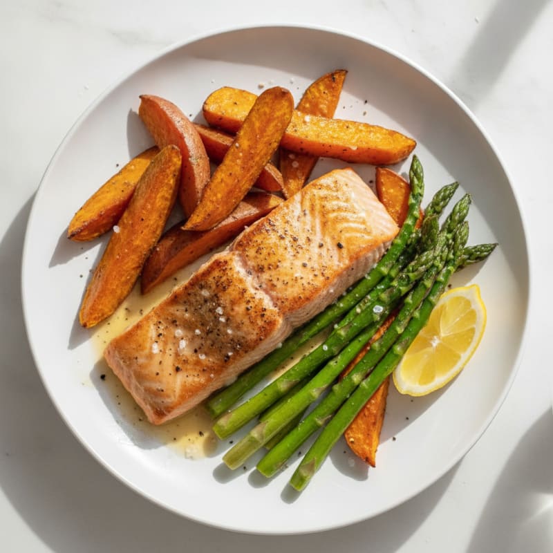 Seared Salmon with Roasted Sweet Potatoes and Asparagus