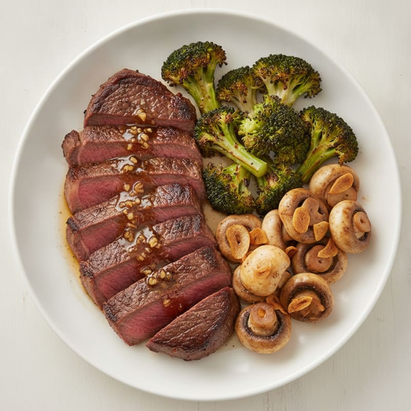 Seared Lean Beef with Roasted Broccoli and Garlic Mushrooms