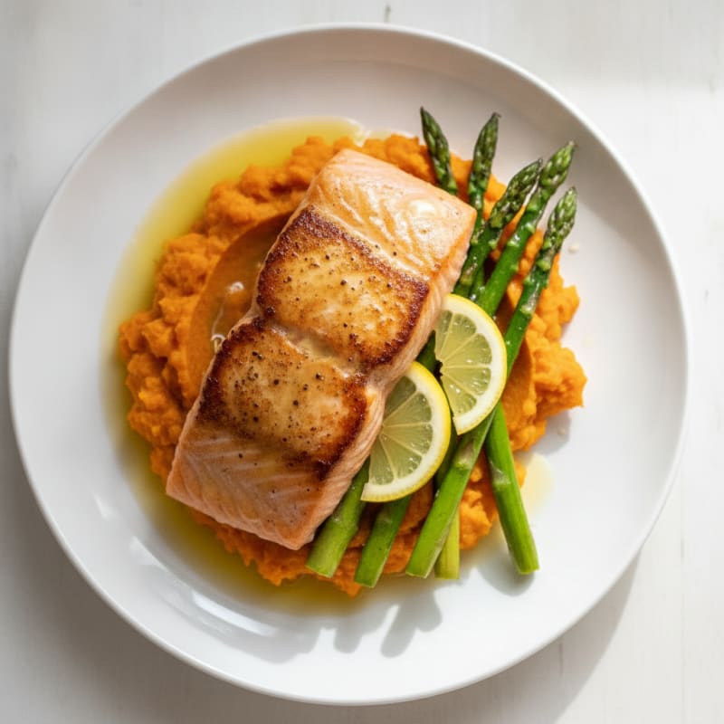Seared Salmon Fillet with Roasted Asparagus and Sweet Potato Mash