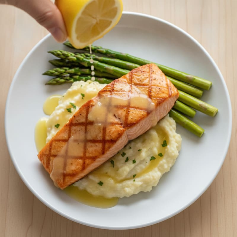 Seared Salmon Fillet with Steamed Asparagus and Cauliflower Mash