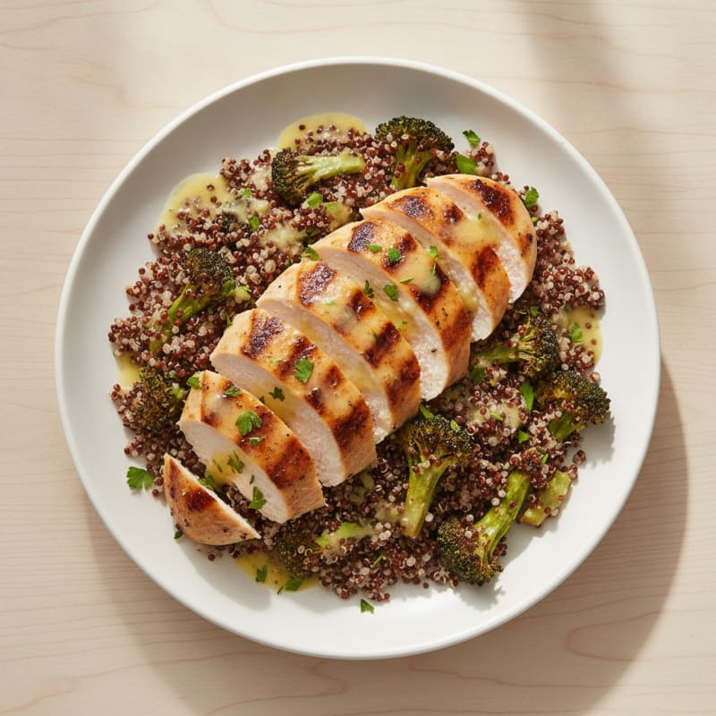 Grilled Chicken Breast and Quinoa Salad with Roasted Broccoli