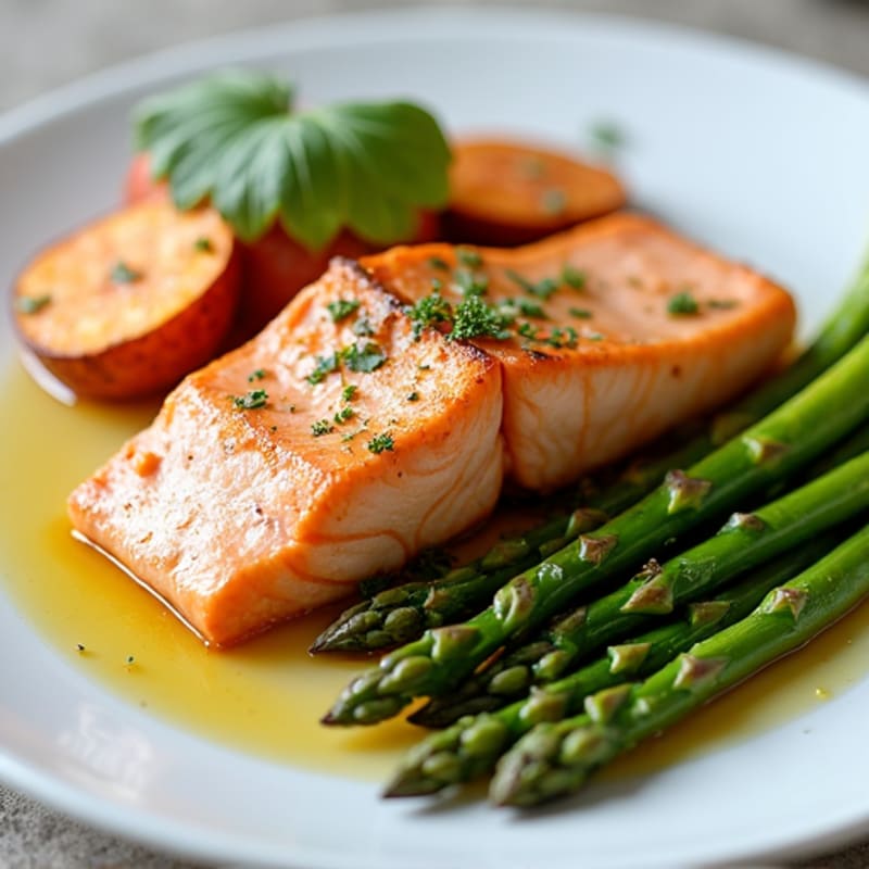 Seared Salmon with Roasted Asparagus and Sweet Potato