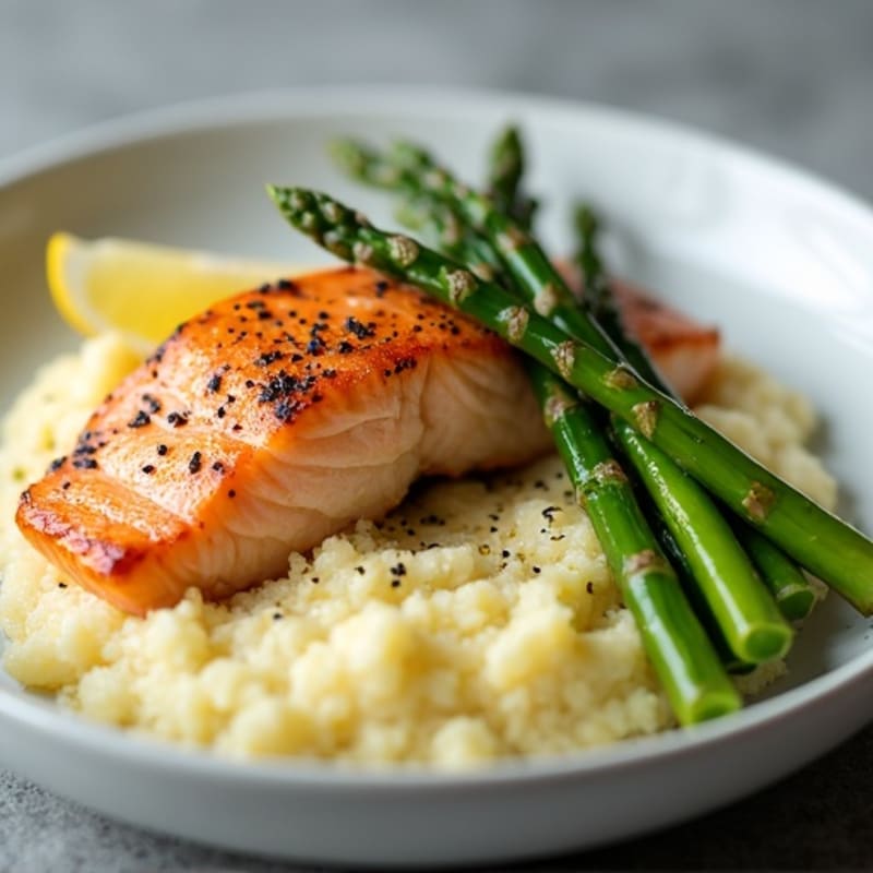 Seared Salmon with Steamed Asparagus and Cauliflower Mash