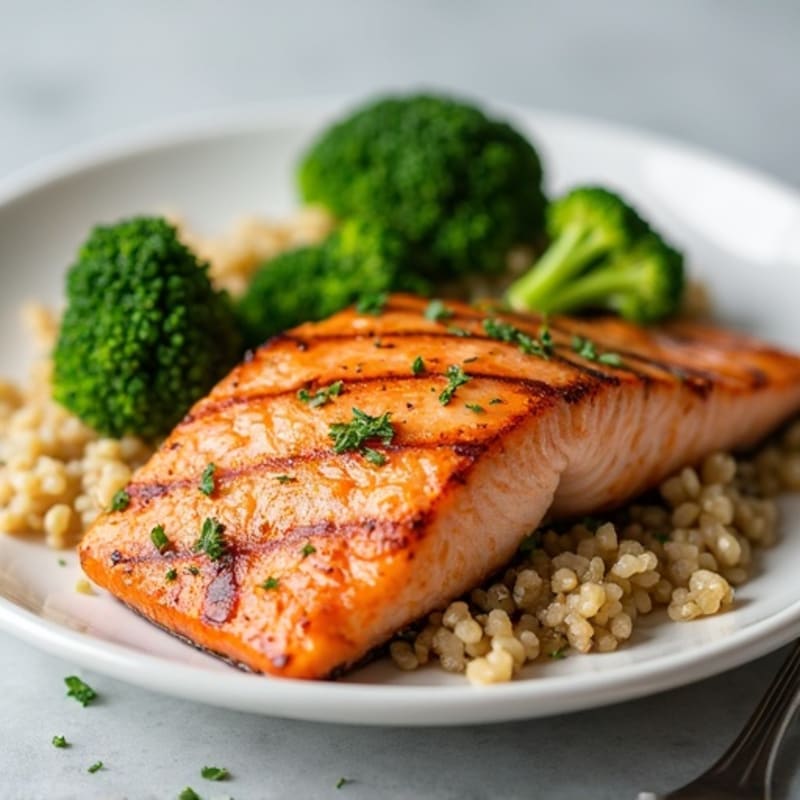 Seared Salmon with Steamed Broccoli and Quinoa Pilaf