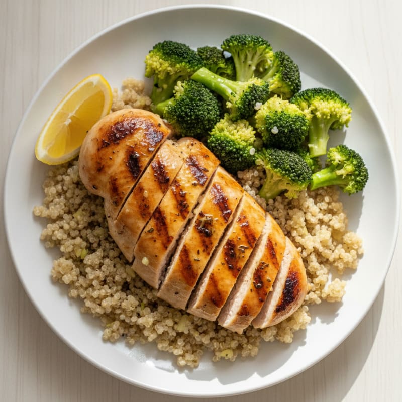 Grilled Chicken Breast with Quinoa and Steamed Broccoli