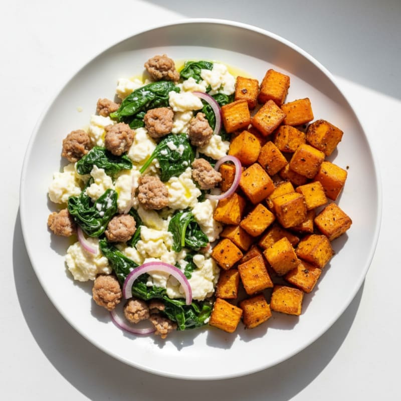 Egg White and Turkey Sausage Scramble with Spinach and Roasted Sweet Potato
