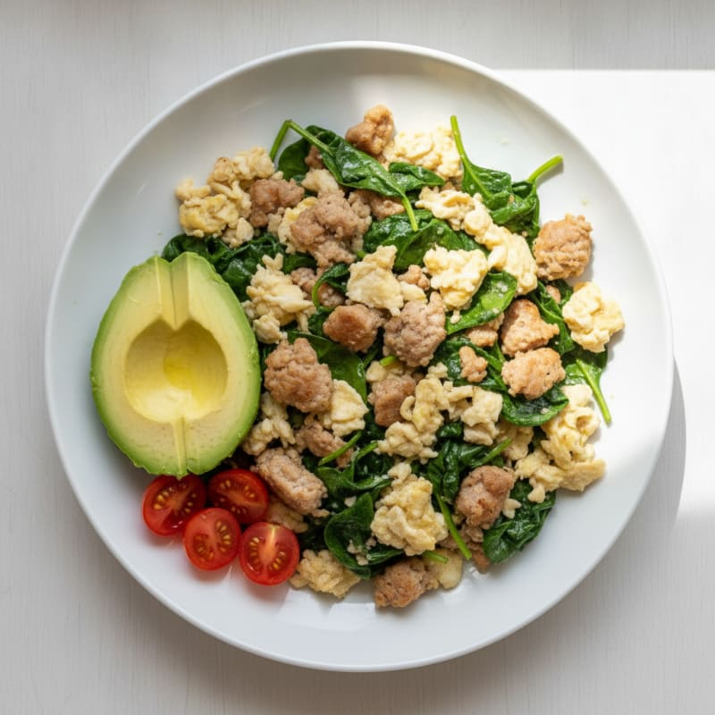 Egg White Scramble with Turkey Sausage and Sautéed Spinach