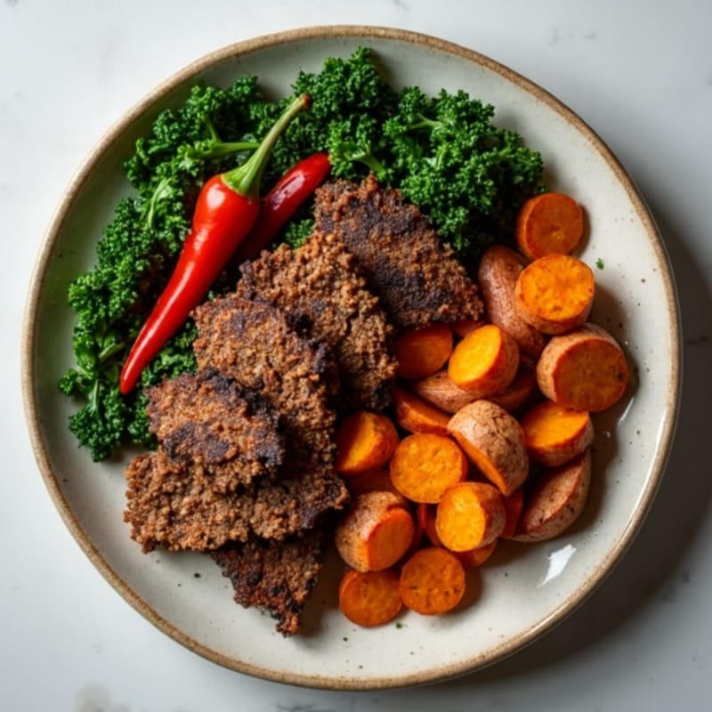 Lean Ground Elk Skillet with Crispy Sweet Potatoes and Sautéed Greens