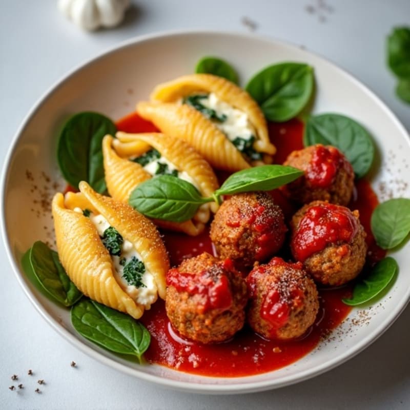 Protein-Packed Cottage Cheese Stuffed Shells with Plant-Based Meatballs