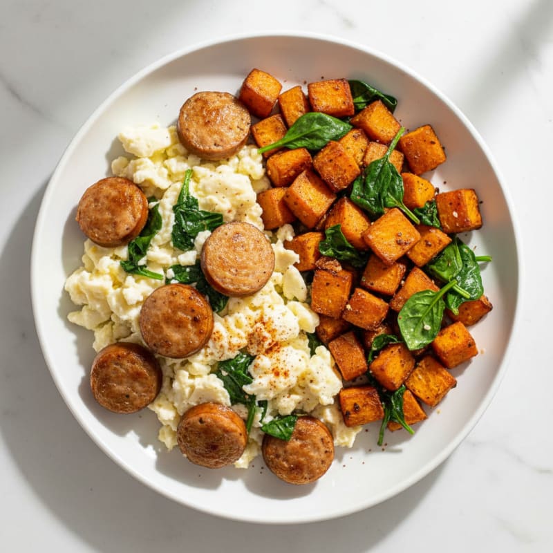 Egg White and Chicken Sausage Scramble with Sweet Potato Hash