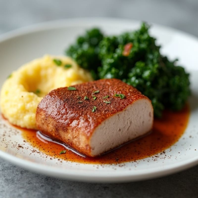 Cocoa-Rubbed Pork Tenderloin with Creamy Polenta and Crispy Greens