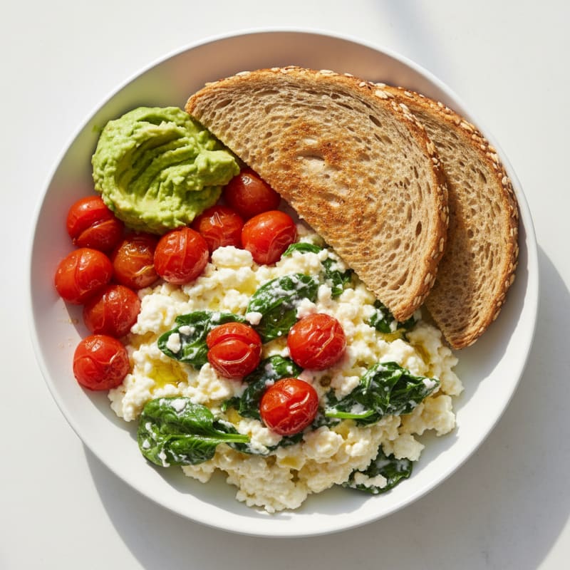 Cottage Cheese Egg Scramble with Spinach and Cherry Tomatoes