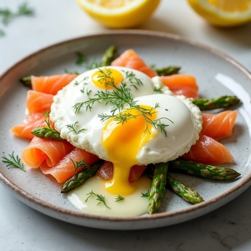 Poached Eggs with Smoked Salmon and Roasted Asparagus with Creamy Lemon-Dill Sauce
